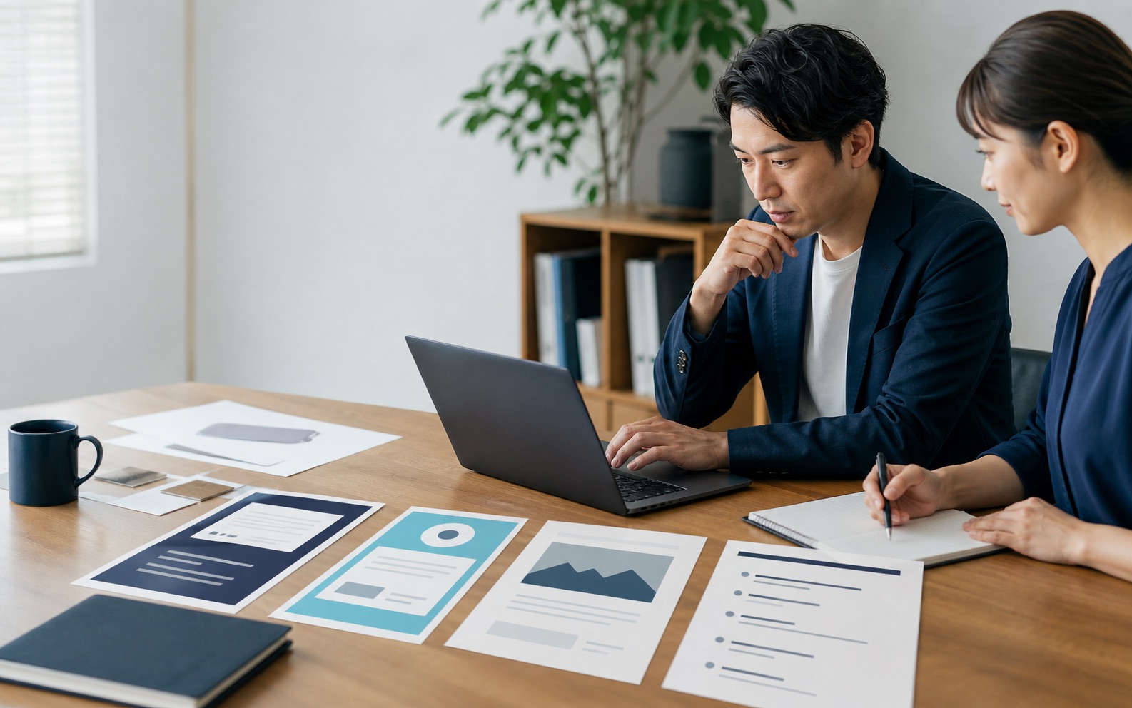ノートパソコンを使い、営業メール、SNS投稿、チラシ、提案書の素材を整理している少人数実践講座のイメージ